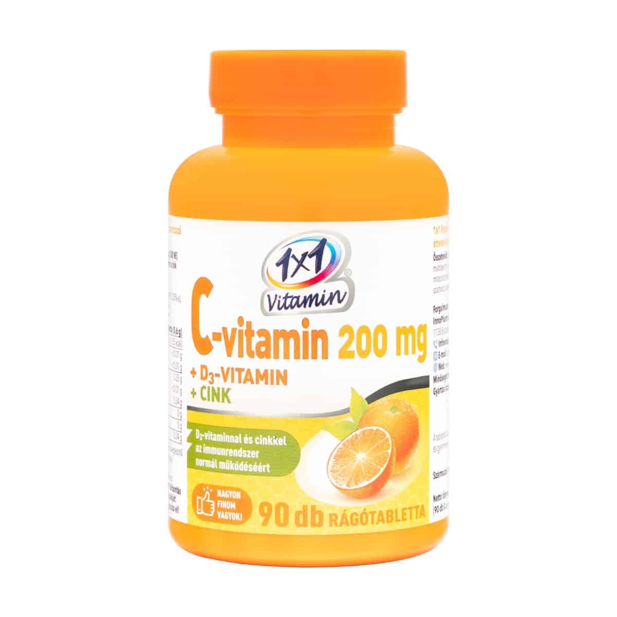 1x1 Vitaday C-vitamin 200mg + D3 + cink rágótabletta narancsos 90db