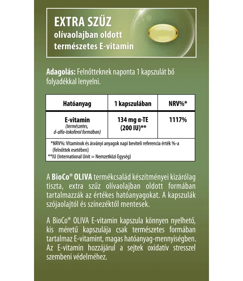 BioCo OLIVA Természetes E-vitamin 200 IU lágyzselatin kapszula - 60db - Image 2