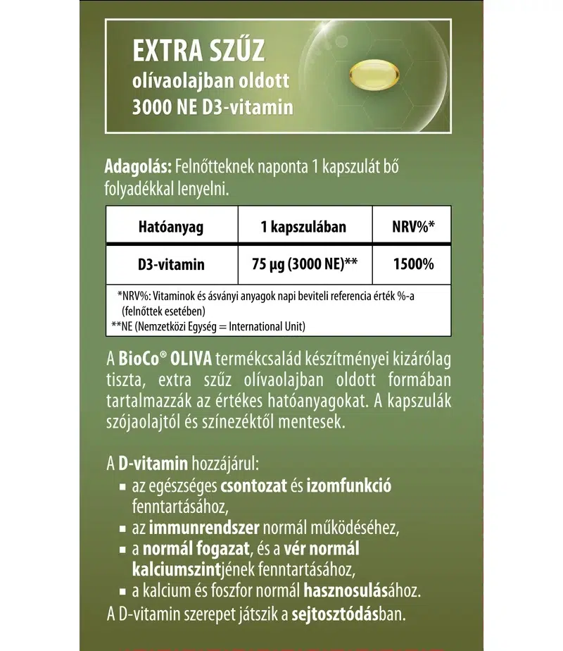 BioCo Oliva D3-vitamin 3000NE lágyzselatin kapszula - 60db - Image 2
