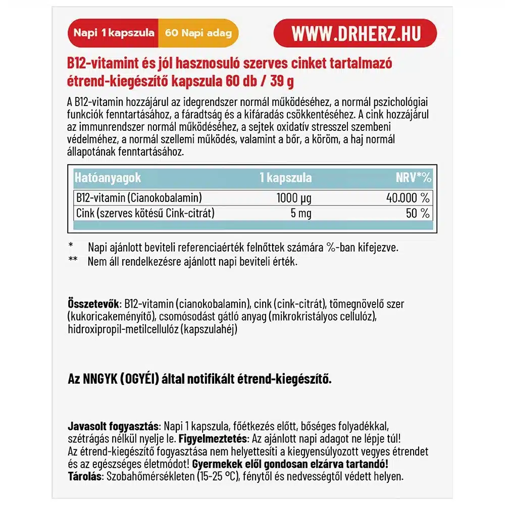 Dr. Herz B12-vitamin 1000 mcg + Szerves Cink kapszula - 60db - Image 2