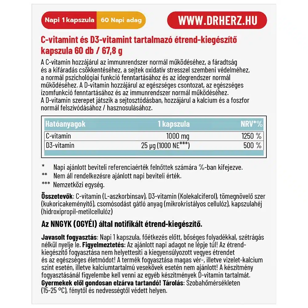 Dr. Herz C-vitamin 1000mg + D3-vitamin 1000NE kapszula - 60db - Image 2