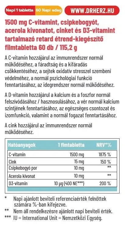Dr. Herz C-vitamin 1500mg + D3+Cink RETARD filmtabletta – 60db - Image 2