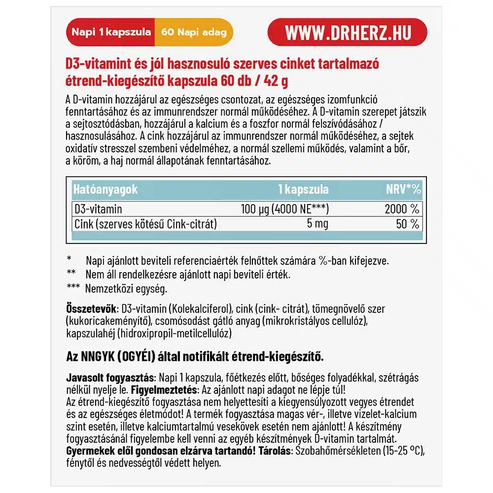 Dr. Herz D3-vitamin Forte 4000NE + Szerves Cink kapszula - 60db - Image 2