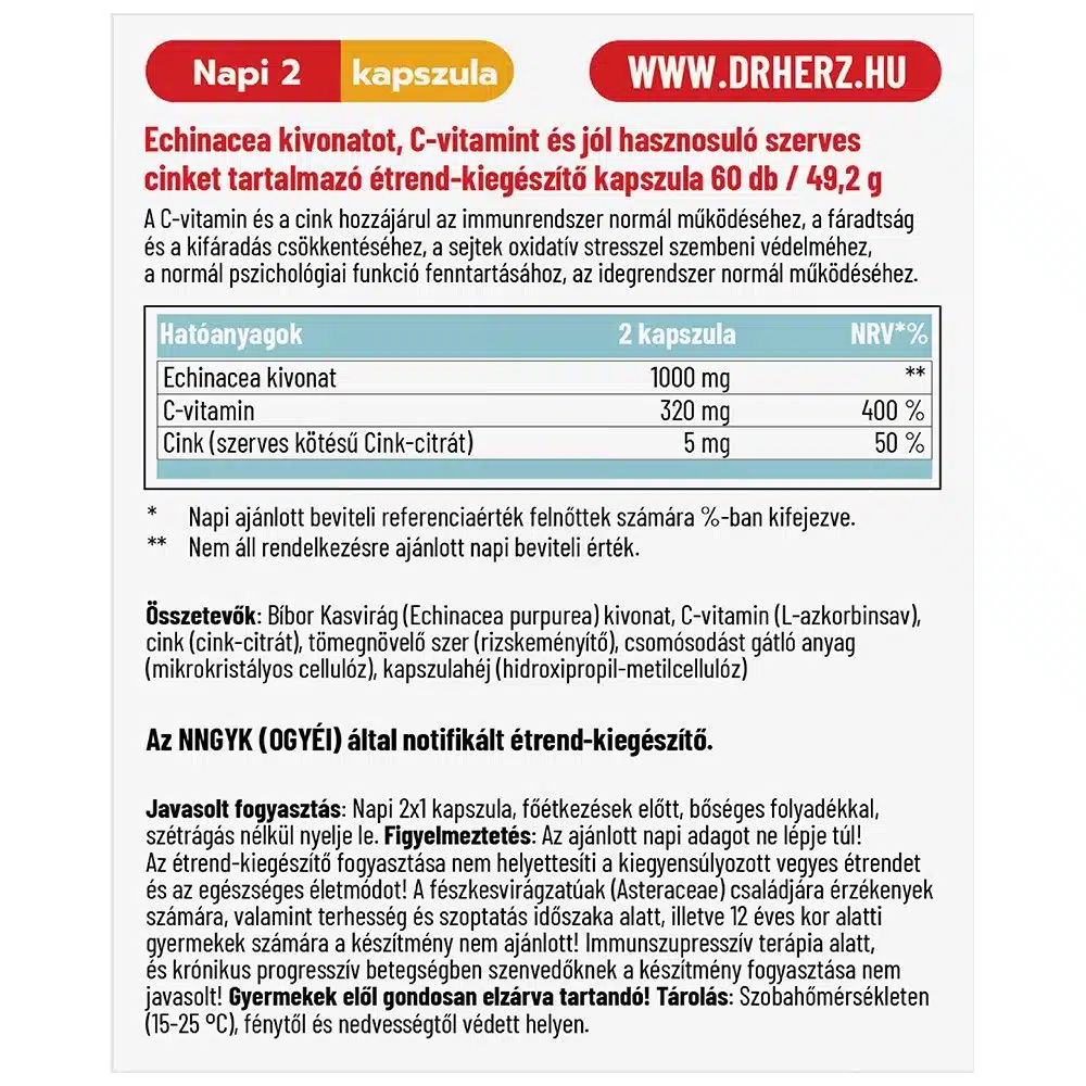 Dr. Herz Echinacea 500 mg+C-vitamin+Szerves Cink kapszula - 60db - Image 2