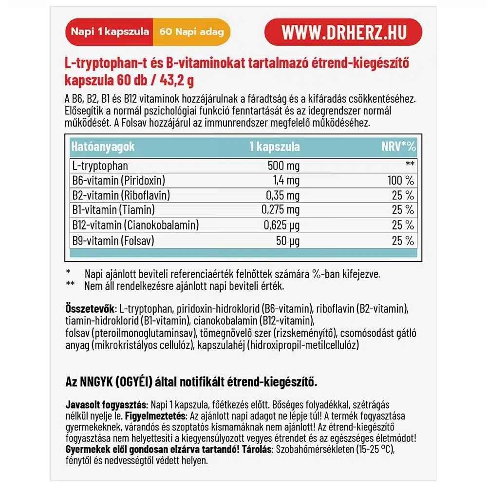 Dr. Herz L-Tryptophan+B-vitaminok kapszula - 60db - Image 2