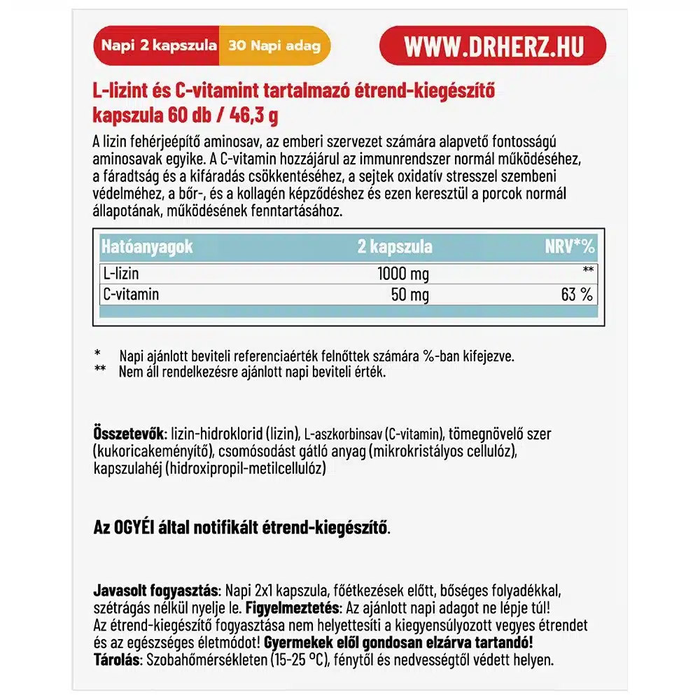 Dr. Herz Lysine - HCL + C-vitamin kapszula - 60db - Image 2