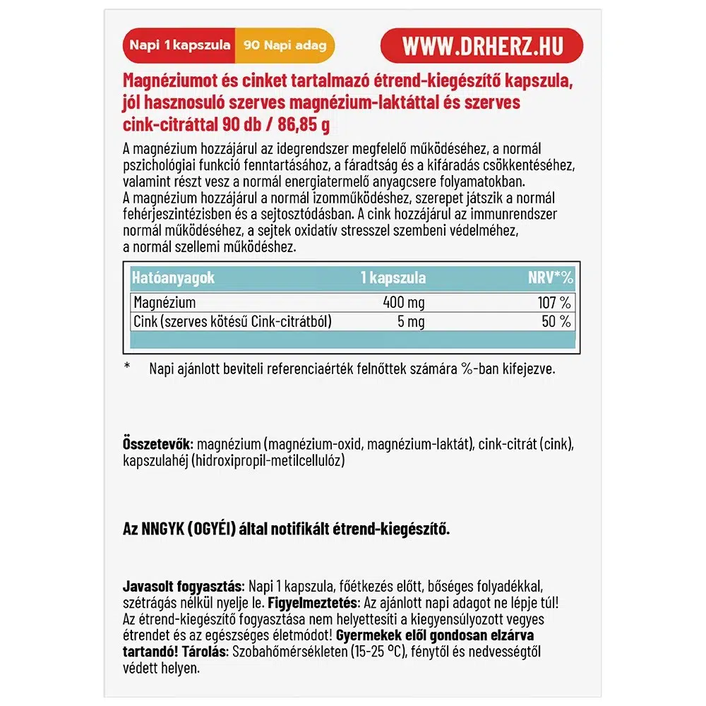 Dr. Herz Magnézium Supra 400mg + Szerves Cink XL kapszula - 90db - Image 2