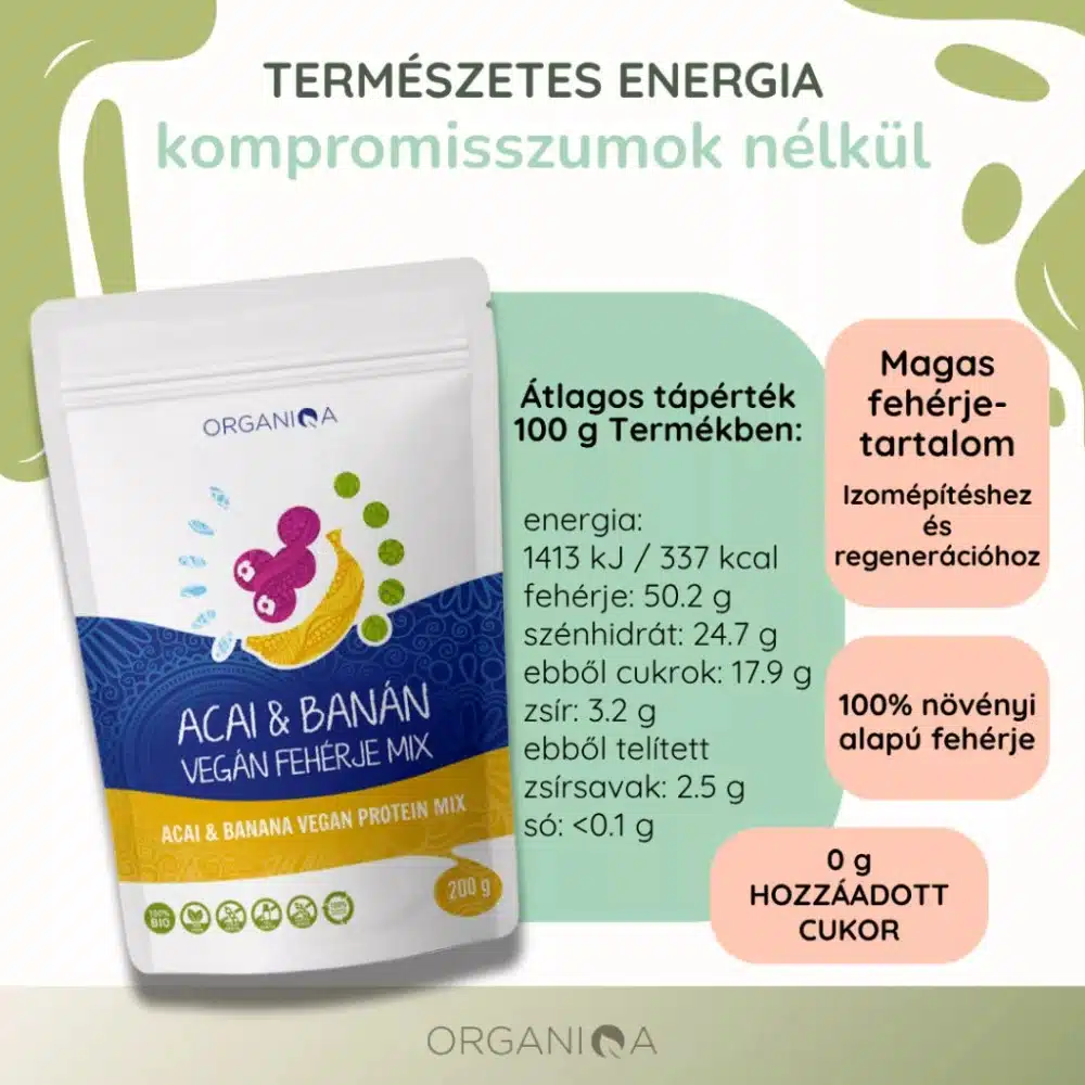 Organiqa 100% bio acai-banán vegán fehérje mix - 200g - Image 2