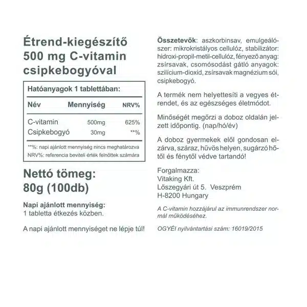 Vitaking C-500 C-vitamint és csipkebogyót tartalmazó tabletta - 100 db - Image 3