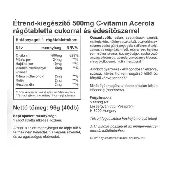 Vitaking Acerola C-500 málnás rágótabletta - 40 db - Image 2