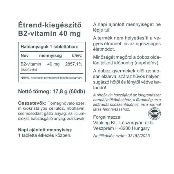 Vitaking B2-vitamin (Riboflavin) tabletta - 60db - Image 2