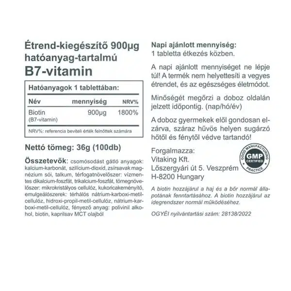 Vitaking Biotin 900mcg tabletta - 100db - Image 2
