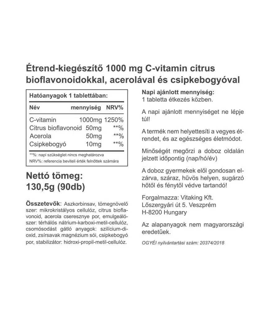Vitaking C-vitamin 1000mg, Bioflavonoid, acerola, csipkebogyó tabletta - 90db - Image 2
