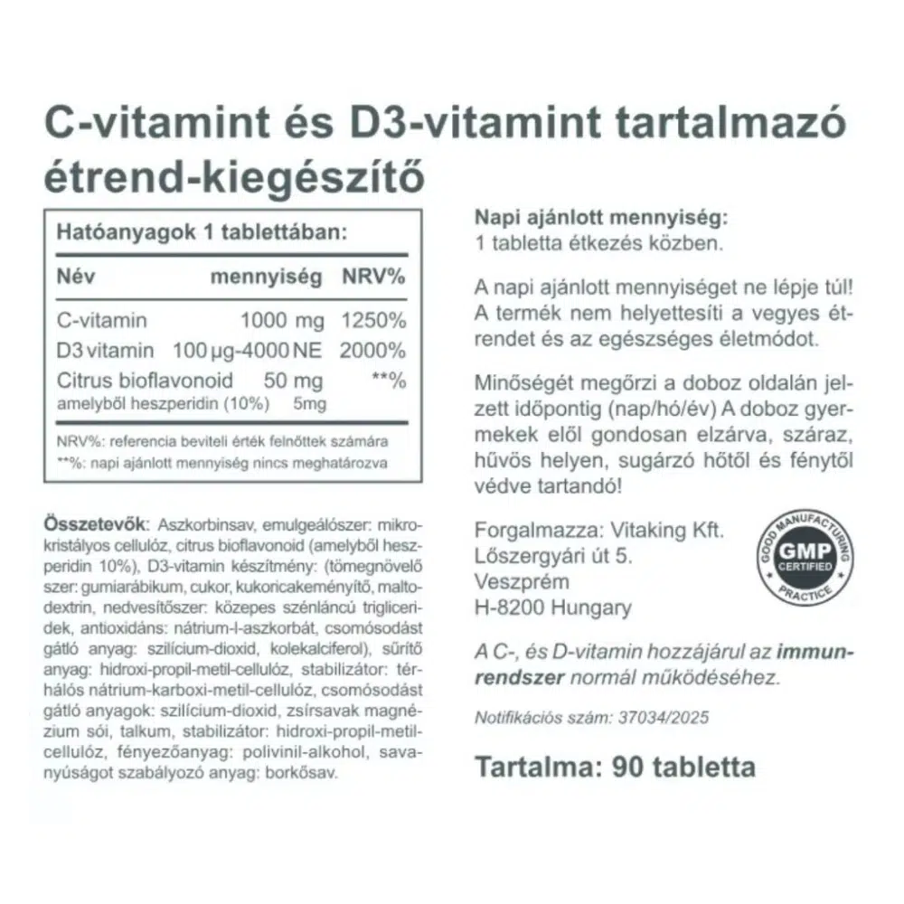 Vitaking C-vitamin 1000mg + D3-vitamin 4000NE tabletta – 90db - Image 3