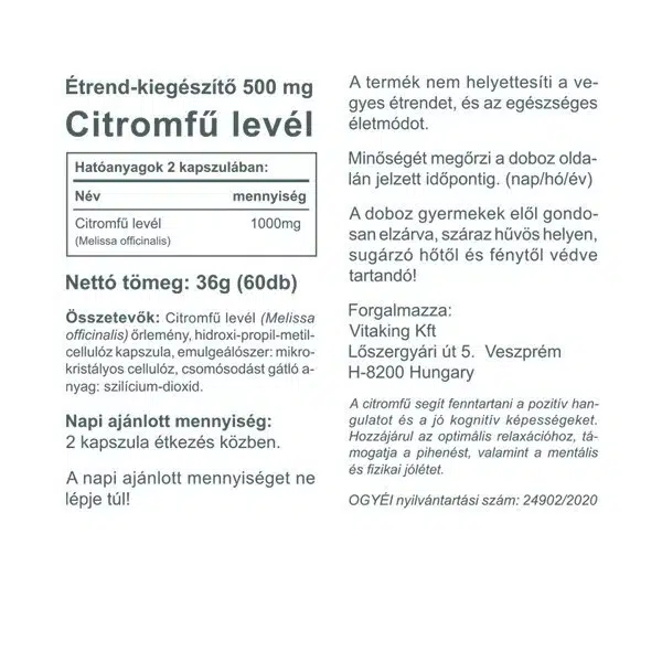 Vitaking Citromfű levél 500mg kapszula - 60db - Image 3