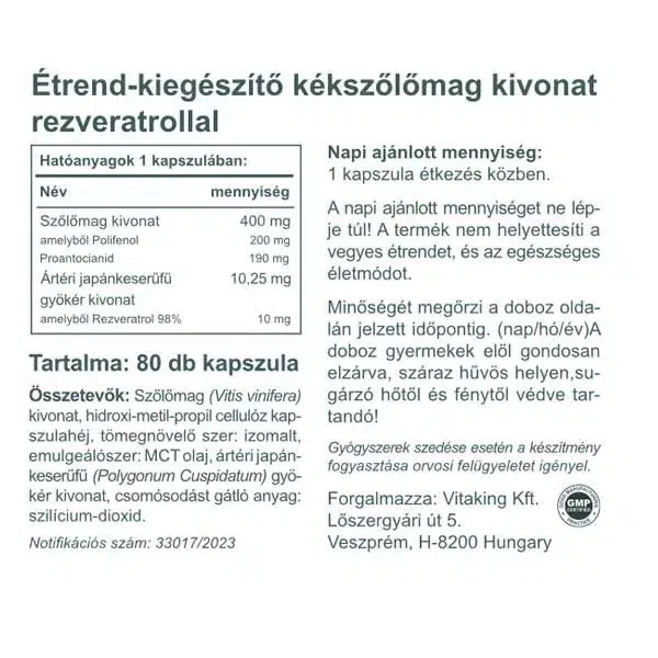 Vitaking Szőlőmag kivonat + Rezveratrol kapszula - 80db - Image 2