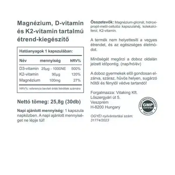 Vitaking MagneTrio Mg + K2 + D3-vitamin kapszula - 30db - Image 3