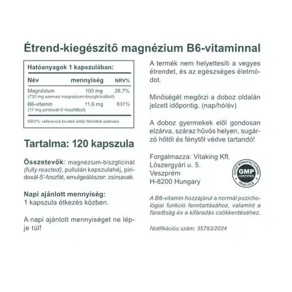 Vitaking Magnézium Biszglicinát + P5P (B6-vitamin) kapszula - 120db - Image 2