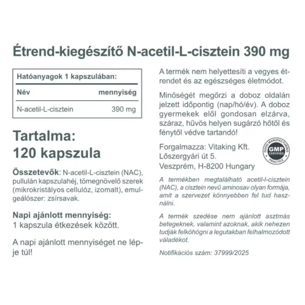 Vitaking NAC-390 N-Acetil L-Cisztein immunerősítő és nyákoldó kapszula - 120db - Image 2