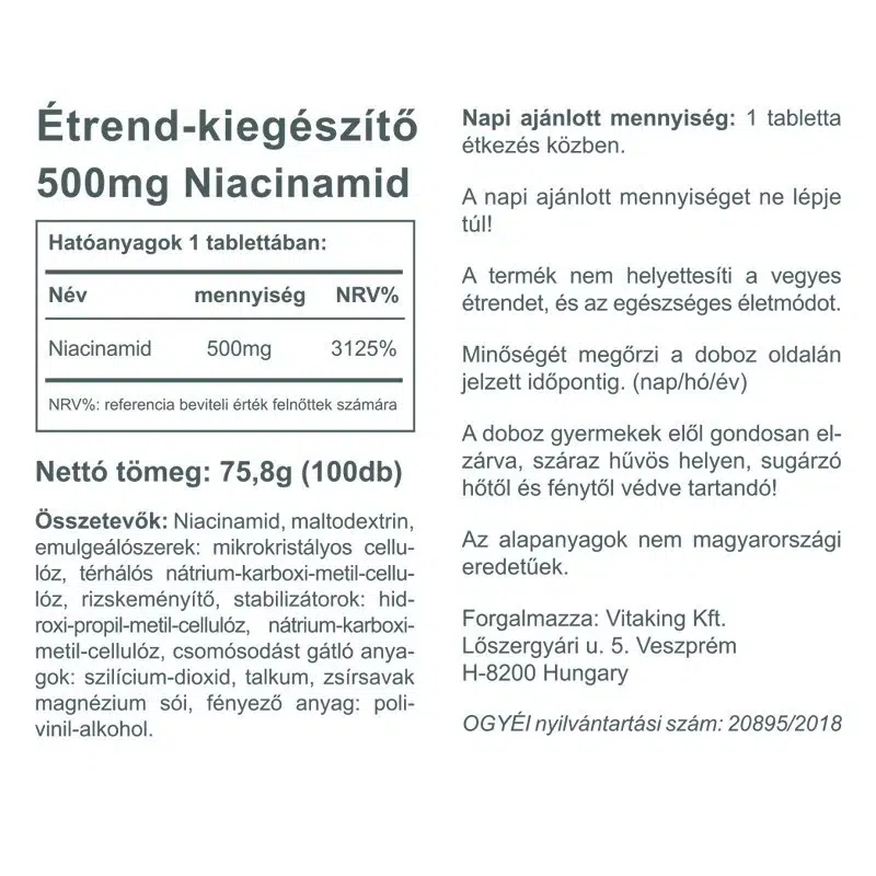 Vitaking Niacinamid 500mg tabletta - 100db - Image 2