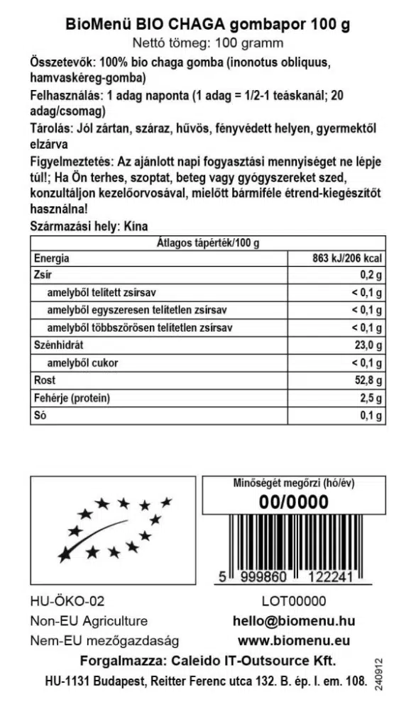 Biomenü Bio Chaga gombapor (Hamvaskéreg gomba) - 100g - Image 2