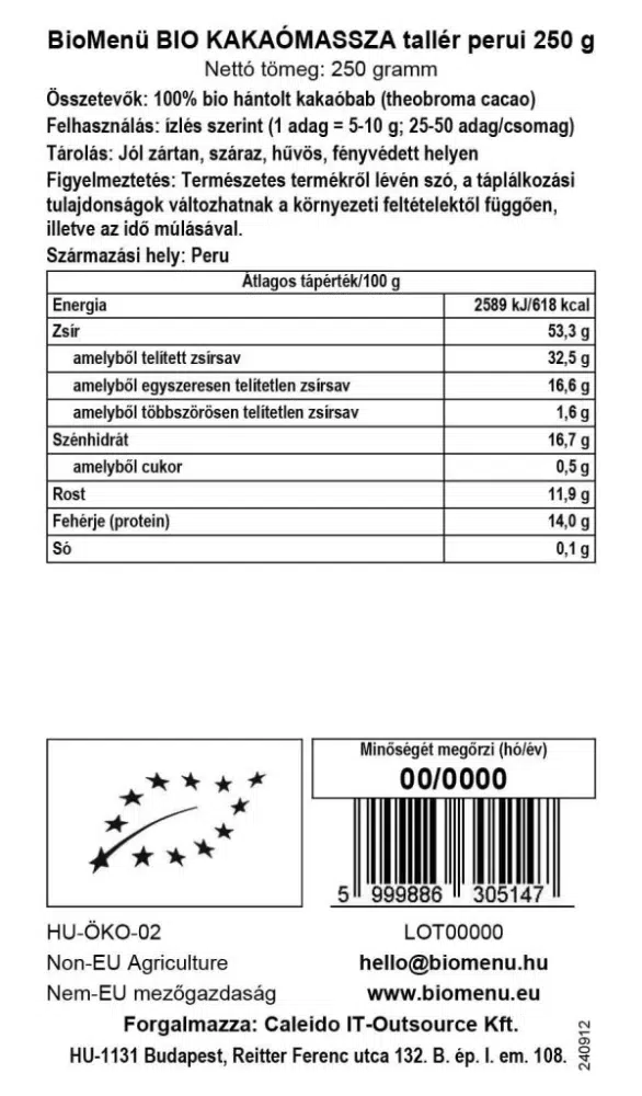Biomenü bio perui kakaómassza tallér - 250g - Image 2