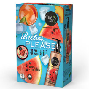 Organic Shop „Bellini Please” testápoló SZETT (Hidratáló tusfürdő görögdinnyével és barackkal 280ml + Hidratáló testradír görögdinnyével és barackkal 100ml)