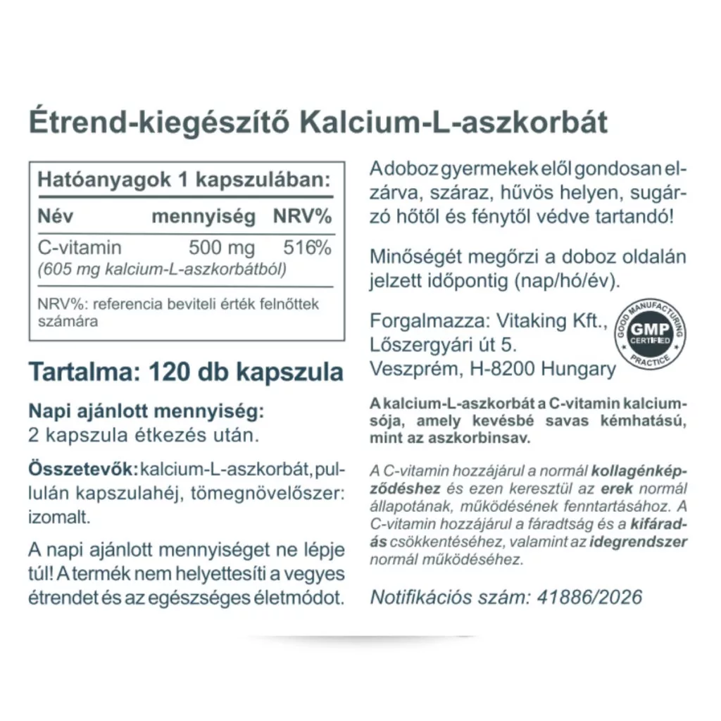 Vitaking C-vitamin Kalcium L-Aszkorbát kapszula - 120db - Image 4